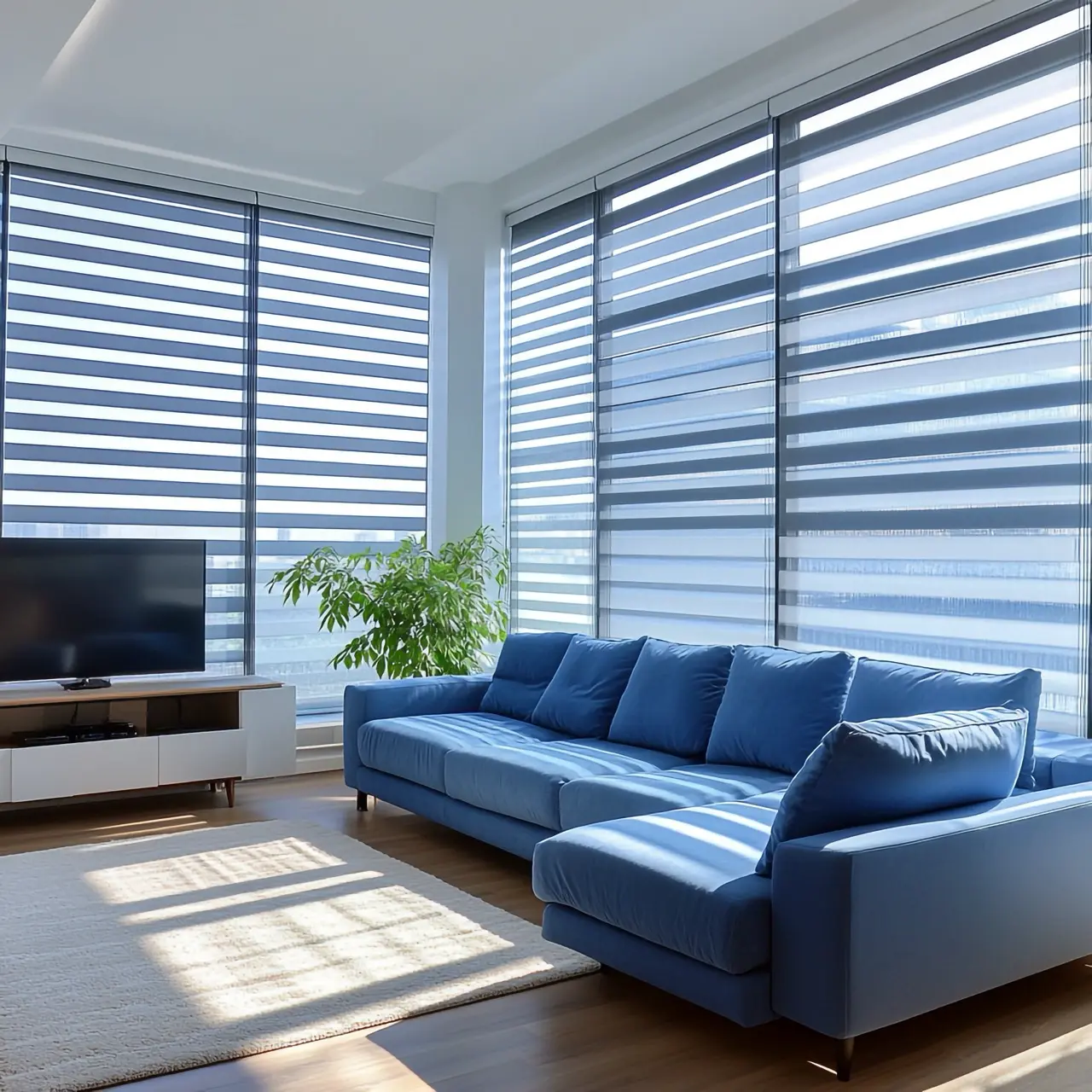 modern-living-room-interior-design-blue-sofa-window-blinds-sunlight Large